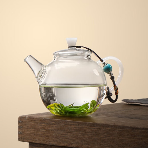 Gaoming (gaoming) small teapot for one person, special tea brewing device for green tea, small capacity transparent glass Kung Fu tea single pot, hand-held tea set, 255ml celestial ball teapot + turquoise teapot rope