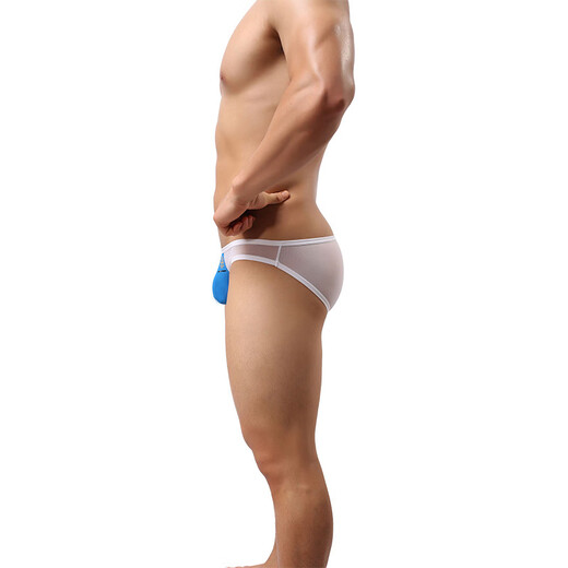 Fearless Captain Trendy Men's Low Waist Sexy Elastic Tight Breathable Transparent Mesh Silky U Protruding Bag Small Briefs Blue XL