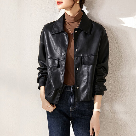 Shandubila is capable and handsome, classic versatile lapel pocket design motorcycle jacket women's leather jacket black S