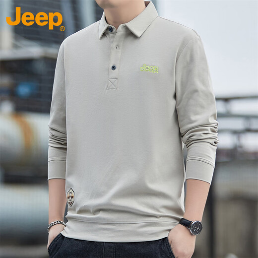 Jeep (JEEP) long-sleeved T-shirt men's autumn and winter polo loose casual bottoming shirt clothes men's Khaki XL