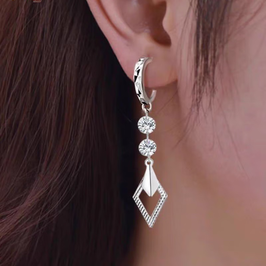 Nine-year-old 99 sterling silver double diamond geometric carving silver earrings for women, rhombus solid silver earrings birthday gift for girlfriend, classic double diamond, solid silver weight about 3g