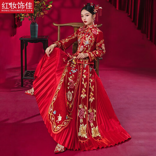 Red makeup Jiaxiu Hefu bride 2021 new wedding Chinese wedding dress toasting suit dragon and phoenix gown show kimono women's non-diamond style S