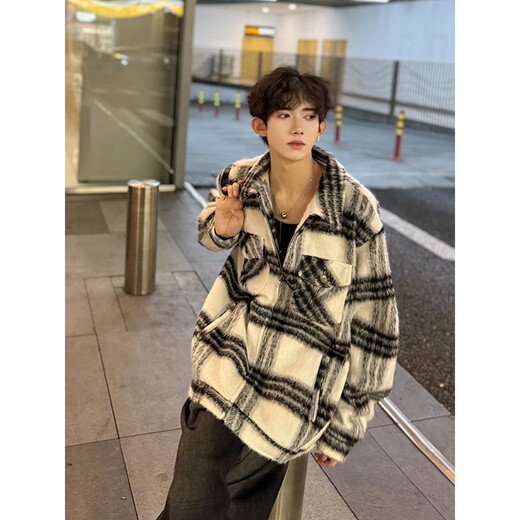 Digada Jacket Men's Autumn and Winter New Woolen Plaid Trendy Brand European and American Street Vintage Small Fragrance Lapel Jacket BMFS-9902 Black XL