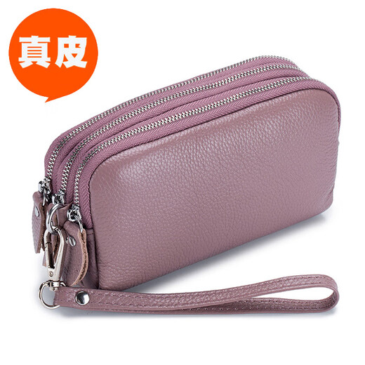 SHARELOVE Genuine Leather Small Hand Bag Women Can Hold Mobile Phone Mini Portable Coin Purse Three-Layer Zipper Wrist Bag First-Layer Cowhide Three-Layer Zipper - Black