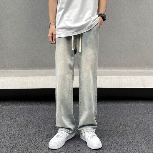 BAIQUETING American yellow mud jeans for boys in autumn and winter, loose straight casual pants, versatile washed wide-leg long pants for men, yellow mud color XL size (110 Jin Jin is equal to 0.5 kg -145 Jin Jin is equal to 0.5 kg)