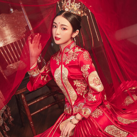 ZEIMSSMM Xiuhe Clothing Bridal 2021 New Costume Cheongsam Wedding Dress Chinese Wedding Dress Wedding Dress 008 No Diamond Model XL