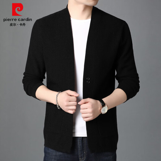 Pierre Cardin knitted cardigan sweater men's jacket new spring and autumn fashion casual men's middle-aged warm woolen sweater black 185/XXL