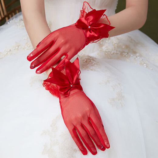 Yingyuanfang Bridal Gloves Wedding Dress Red Gloves Short Wedding Gloves White Red Dress Cheongsam Xiuhe Clothes Gloves White Mesh Small Bow Ribbon