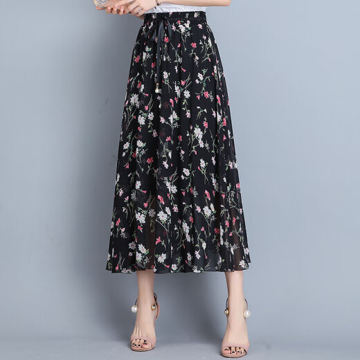 Yalu Free and Easy Chiffon Skirt Women's Summer Half-length Skirt Pleated Skirt A-line Skirt One-step Elastic High Waist Fashion YL-JM-517-5 Designs and Colors 5 One Size