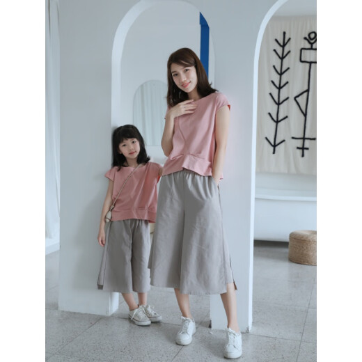 Summer new products 2020 summer new style original casual parent-child wear/foreign mother-daughter wear short-sleeved linen wide-leg pants suit pink short-sleeved T100cm