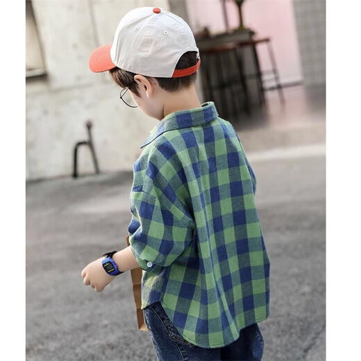 Weiman Fawn Children's Clothing Men's Children's Shirts Boys' Spring and Autumn Plaid Lapel Cardigan Jacket Tops Medium and Large Children's Shirts 208 Blue 120 Recommended height is about 110 cm