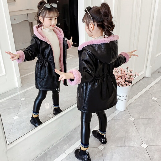 THINKPIRE Children's Clothing Girls' Jackets Autumn and Winter Clothes 2020 Children's Leather Clothes Mid-Length Windbreaker Girls Leather Jackets Velvet Thickened Tops Pink Size 140 Recommended Height 130CM