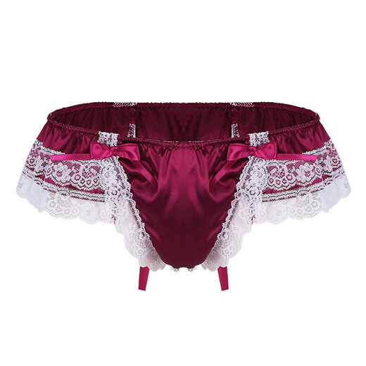 Guzhi large size European and American men's sexy underwear lace transvestite sexy transparent GAY anti-silk cross-dressing sexy thong 0 pink M