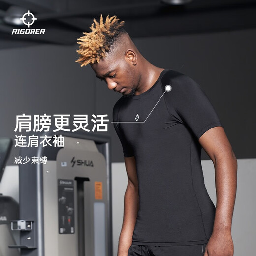 Accurate short-sleeved compression clothing quick-drying high-elastic fleece fitness clothing training sports running T-shirt short-sleeved bottoming tights for men Z123210348/pure black 2XL (185)