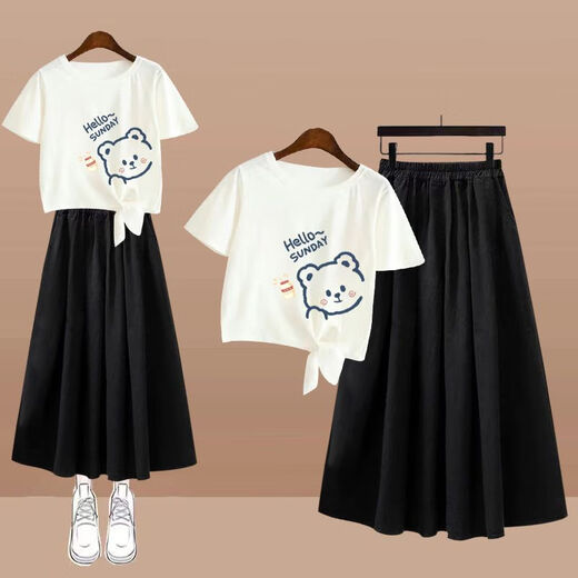 Baldauren12 Girls' Summer Suit Skirt Korean Style 13 Middle-aged Children 14 Elementary School Junior High School Students 15 Girls Skirt Two-piece Set F Skirt Set-T39 White + Black Skirt 145 (S) Recommended 50-70Jin Jin is equal to 0.5 kg