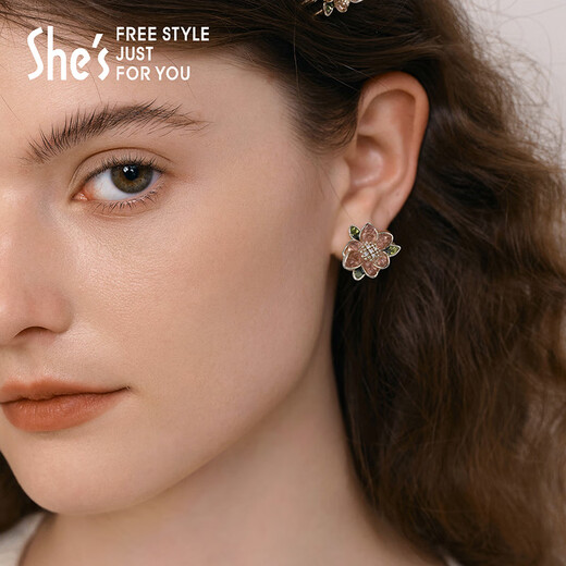 She s Qianzi's love look, romantic flowers, shiny craft pearl earrings, 925 silver needle earrings, birthday gift for women, light pink A0