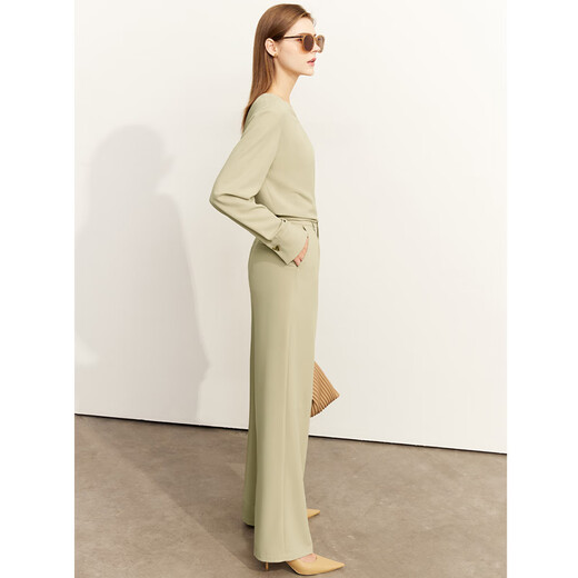 AMII Women's 2025 Autumn New V-neck Chiffon Shirt Wide-Leg Casual Pants High-end Fashion Suit Cardamom Green (Casual Pants) L 165/88A