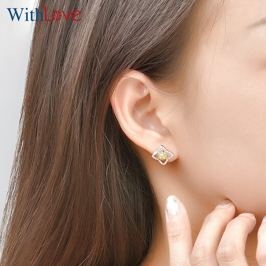 WithLove White 18K Gold Cushion Shape Intense Yellow Diamond Flower Shape Earrings Group Set Diamond Earrings Genuine Gift for My Girlfriend Total 75 Points White 18K Gold/Ready Stock