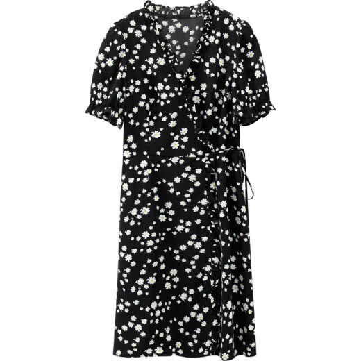 Shandubila Dress Summer New Women's Floral Chiffon Waist Slimming Daisy Series Skirt Black Bottom White Flower M