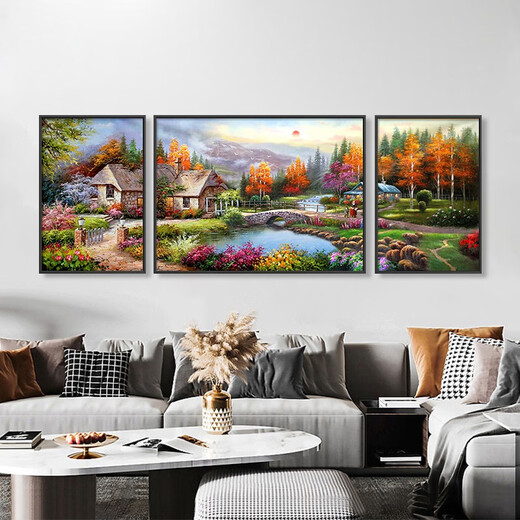 莫小邪  沙发背景墙装饰画客厅高档大气2021新款聚宝盆山水画挂画风景壁画 莫小邪1585 中间110*90 左右70*90水晶膜三联画 黑边