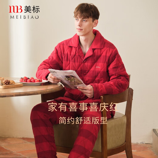 American Standard Mall's same style three-layer thickened cotton couple's pajamas for women, autumn and winter red product, zodiac year, cotton home clothes for men, Chinese red-women's L