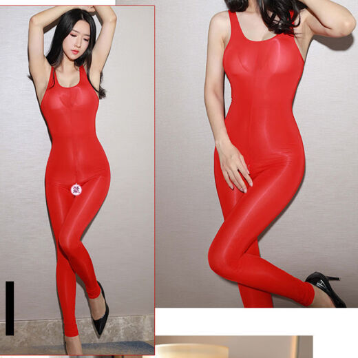 Silky tight nine-point pants, ice silk ultra-thin bodybuilding pants, high-gloss women's red zipper open jumpsuit, red one-size-fits-all, suitable for weights within 140 Jin [Jin is equal to 0.5 kg]