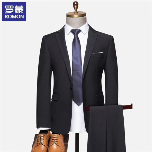 ROMON Suit Men's 2022 Business Casual Professional Wear Formal Companion Suit Groom's Wedding Groom's Dress 2XF981911-1 Black Double Button Two-piece Set 48B