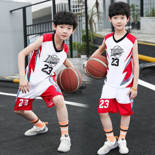 Bei Yichen children's clothing boys' suit summer new fashion sportswear for middle and large children children's Korean basketball uniform little boy's casual running suit two-piece set red 140 size recommended height of about 130 cm