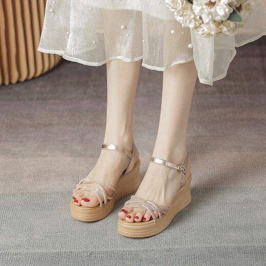 ZHR凉鞋女新品时尚捷克钻一字带坡跟女鞋夏季网红百搭透气罗马鞋子女 香槟色 （后跟6.5CM--搭扣款） 36