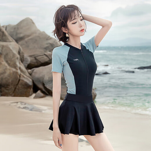 F.DYRAA swimsuit women's hot spring slimming swimming pool quick-drying one-piece swimsuit detachable skirt four-piece set 12128 black L