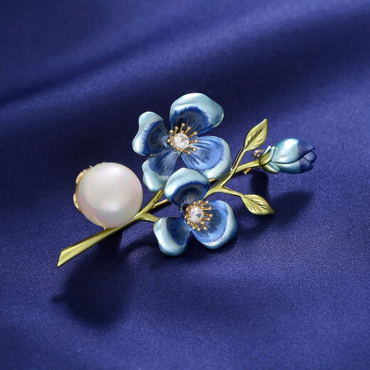 QUAMER shell bead corsage flower brooch women's light luxury high-end design suit jacket shirt blue