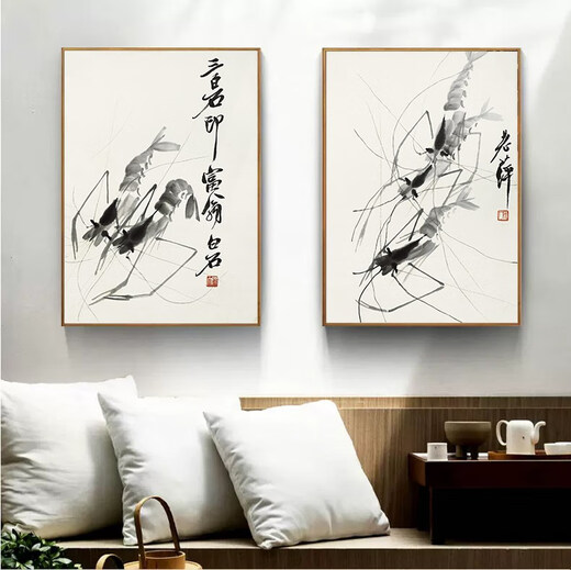 Qi white graphite shrimp new Chinese style decorative painting living room sofa background wall painting ink Chinese style restaurant study hanging painting 23 ink shrimp 3 horizontal version 30*40 simple wood grain color frame + canvas