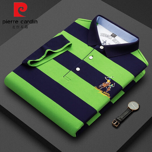 Pierre Cardin brandneues Sommer-T-Shirt für Herren mittleren Alters aus reiner Baumwolle mit kurzen Ärmeln, schlankes, gestreiftes Business-Revers-Hemd 3882, Weiß, 2XL