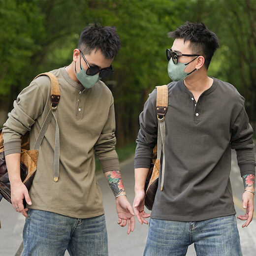 PKSAQ American retro heavyweight Henley shirt T-shirt men's casual long-sleeved bottoming shirt Ami khaki work shirt men's iron gray L