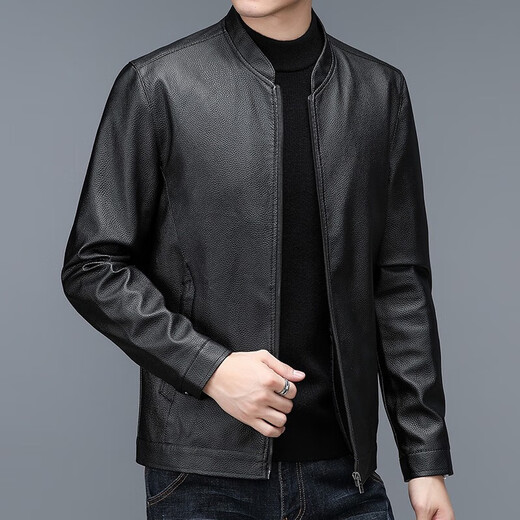 Old man's head (LRT) middle-aged and elderly autumn and winter leather jacket men's business casual slim windproof leather jacket motorcycle jacket velvet thickened jacket DN1081 black zipper stand collar 4XL