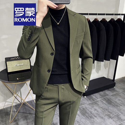 ROMON British business slim suit men's workwear dress light mature style commuting trendy suit two-piece dark green suit + trousers 52/XL