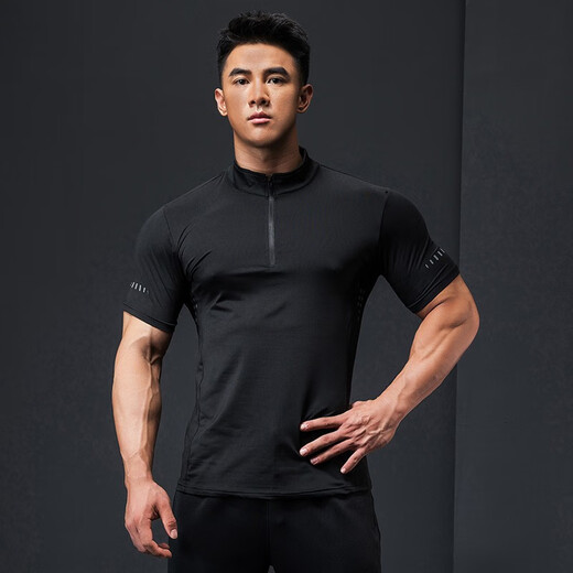 Lutie Dog Fitness Wear Short Sleeve Men's Stand Collar POLO Slim Fit Muscle Showing Quick Drying Breathable High Elasticity Coaching Wear T-Shirt Black XXXL