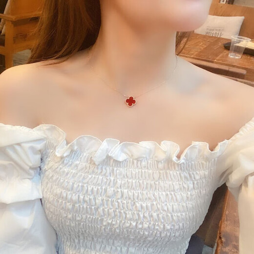 Fafanxi Light Luxury Four-leaf Clover Necklace for Women 18K Color Gold Internet Celebrity Simple Rose Gold Chinese Valentine's Day 520 Gift for Girlfriend Red Agate (13mm)