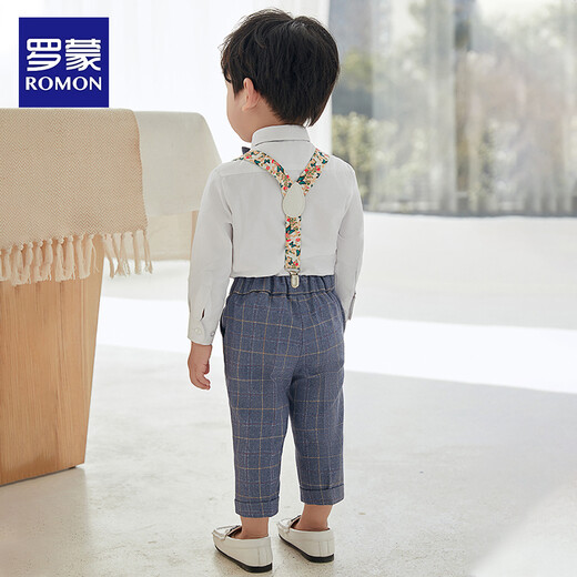 Luo Meng children's suit suit boy's first birthday dress baby boy three-piece flower girl suit suit summer long suspender four-piece suit shirt + trousers + suspender + bow tie 80