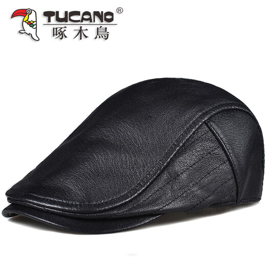Woodpecker Spring Autumn and Winter Genuine Leather Hat Men's Peaked Cap Middle-aged and Elderly Retro Sheepskin Progressive Beret Korean Style Trendy Single Black Sheepskin Thin Style (No Ear Protection) 2XL (59-61cm) Adjustable