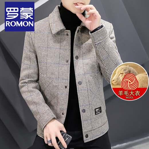 Lomon Plaid Lapel Jacket Men's Short Wool Woolen Jacket Plaid Autumn and Winter Thickened Youth New Jacket Men's 2903 Khaki XL 180 140160Jin Jin equals 0.5 kg