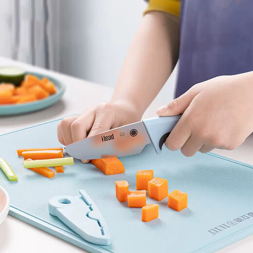 ILID Kindermesser, Kindergarten-Lehrmesser, Schüler-Schneidemesser, Schneidebrett, Küchensicherheit, antibakterielles, freihändiges Obstmesser, blaues und grünes farblich passendes Set (flacher Mund + Zahnmund), 2-teiliges Set