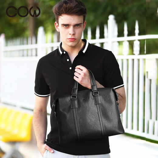 French COW Briefcase Men's Business Men's Bag Fashion Casual Handbag Men's Crossbody Bag Travel Bag Shoulder Backpack Computer Bag C-9888 Black