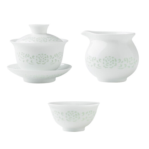 Jingdezhen, the capital of Modu, high-end exquisite kung fu covered bowl and tea cup set, ceramic home handmade hollow tea set for the living room, complete set, snow jade exquisite wrapped branches, 8-piece covered bowl set