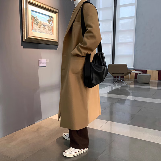 OEMG autumn and winter high street retro mid-length woolen coat men's knee-length windbreaker British thickened handsome woolen coat khaki-cotton L recommended 100-110Jin Jin equals 0.5 kg