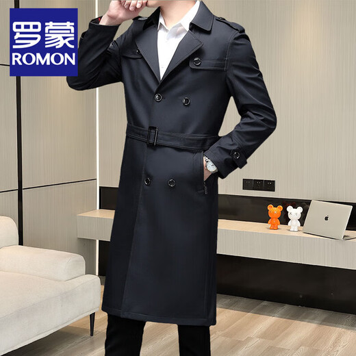 ROMON extra long over the knee spring and autumn versatile windbreaker men's mid-length trendy 2025 autumn and winter new coat double-breasted coat 2168-135 Khaki over the knee XL 140-160 Jin Jin is equal to 0.5 kg