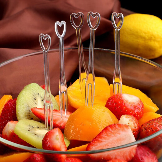Fruit fork, disposable fork, transparent plastic small fork, crystal snack cake fork, fruit pick, love fruit pick, 500 pieces, transparent heart-shaped fruit fork