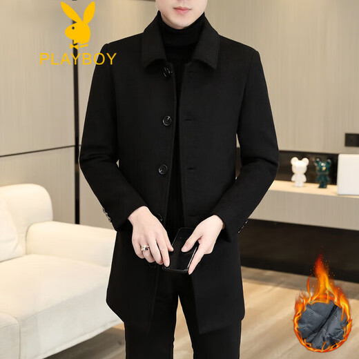 Playboy (PLAYBOY) woolen men's mid-length cashmere windbreaker autumn and winter coat men's business casual woolen high-end coat men black suit collar M