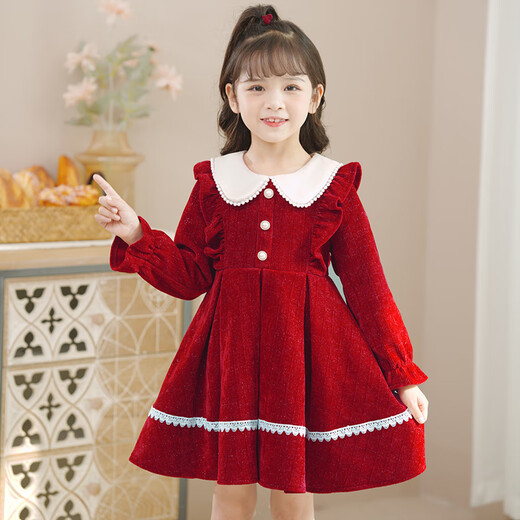 Anneyol Girls' Dress Autumn 2025 New Autumn Clothes Little Girls Autumn and Winter Skirts Children's Fashionable Girls' Clothes Princess Skirt Red Velvet 130