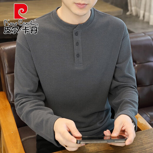 Pierre Cardin bottoming shirt men's spring and autumn trendy Henry collar polo bottoming shirt long-sleeved T-shirt versatile trendy brand knitted inner wear 423 gray apricot M